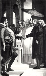 Michelangelo (1475-1564) presenterer en modell av kuppelen til St. Peters for pave Paul IV (1476-1559)