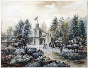 Pavillon de chasse Crack, et Pavlovsk - Krak-hus i Pavlovsk - Domenico Felice Lamoni (1745-1830). Akvarell og hvit farge på papir, etter 1778. State Museum of the History of Saint Petersburg