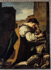 Melancholia En trist ung kvinne bøyer seg over hodet til en hodeskalle, en armillarkule bak henne. Maleri (Vanity) av Domenico Feti (1589-1624) Søn. 1,71x1,28 m. av Domenico Feti