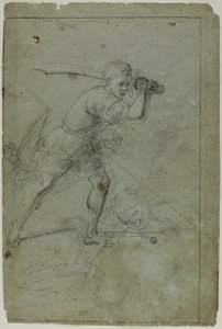 David halshugger Goliat (rekto); Skisse av drapert kvinnefigur med høyre arm hevet over hodet (verso)