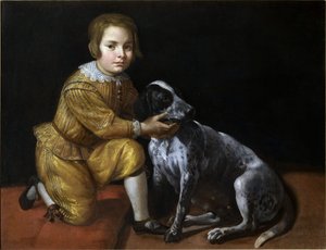 Portrett av en gutt med en hund.