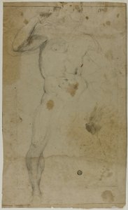 Stående naken mann (recto); To halvlange mannsfigurer, den ene med løftet arm, den andre ber (verso)