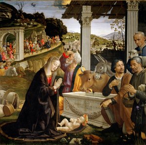 Tilbedelse av hyrdene Maleri av Domenico Ghirlandaio (1449-1494) 1483-1485 Søn. 167x167 cm Capella Sassetti, Santa Trinita, Firenze