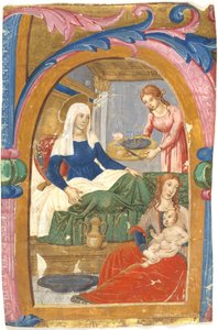 Jomfruens fødsel i en innledende H av Domenico Ghirlandaio