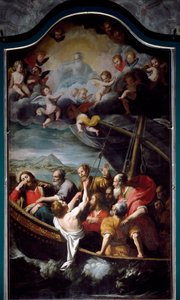 Saint Nicholas demper stormen. Maleri av Domenico Fiasella dit il Sarzana (1589-1669) Sestri Ponente, kirken Santa Maria dell