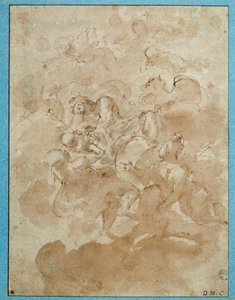 Jupiter overlater Bacchus til Mercure Drawing med brun vask og blod av Domenico Canuti (1620-1684) Paris. Museet Louvre
