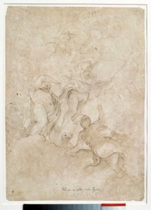 Jupiter overlater Bacchus til Mercure Drawing med brun vask og blod av Domenico Canuti (1620-1684) Paris. Museet Louvre