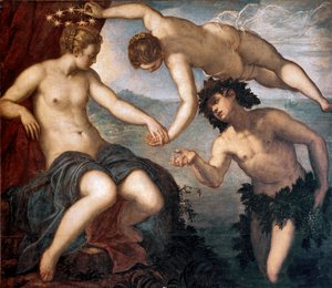 Bacchus, Venus og Ariane Maleri av Tintoretto eller Tintoret (Jacopo Robusti) (1518-1594) 1577-1580 Søn. 146x167 cm Flis av anticollege, Doges palass, Venezia