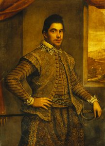 Portrett av en gentleman, stående tre-kvarts lengde, iført et forseggjort brodert kostyme, foran et vindu, et landskap utenfor,