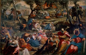 The Recolation of Manna (Jøder i ørkenen) Scene i Det gamle testamente: Gud mater israelitter som ville dø av sult etter vaktelegg og manna (Manna). Til høyre Aron og Moses. Maleri av Jacopo Robusti dit Tintoretto (Tintoret) (1518-1594) 1592