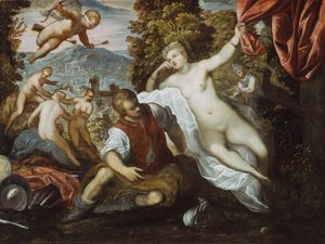 Venus og Mars med Amor og de tre nådene i et landskap, 159095 av Domenico Tintoretto