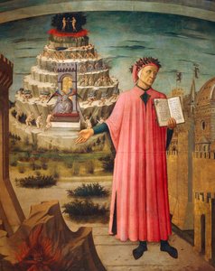 Dante Alighieri med guddommelig komedie i hånden og fjell av skjærsilden i bakgrunnen, detalj fra guddommelig komedie, av Dante Alighieri (1265-1321), av Domenico di Michelino (1417-1491), freskomaleri, Basilica of Saint Mary of Flower, Firenze. Italia, 14