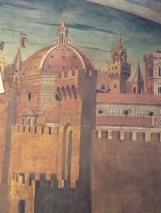 Detalj som viser katedralen i Firenze, fra en freskomaleri av Dante med Divina Commedia i nordgangen, 1465 freskomaleri av 42355 av Domenico di Michelino