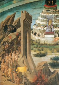 Figurer av fordømte detaljer fra Dante med guddommelig komedie, freskomaleri av Domenico di Michelino (1417-1491), katedralen Santa Maria del Fiore, Firenze, Italia