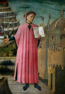 Den italienske poeten Dante Alighieri (1265-1321) presenterer sitt verk La divine comedie ”(Den guddommelige komedie)” ”. Detalj. Fresco av Domenico di Michelino (1417-1491), Cathedrale Santa Maria del Fiore, Firenze. (Duomo, Firenze) Italia