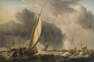 Fiskebåter og Man o War in a Breeze at the Mouth of a River, 1771