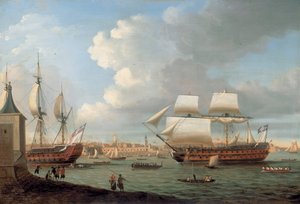 Foudroyant og Pegasus kommer inn i Portsmouth havn, 1782 av Dominic Serres