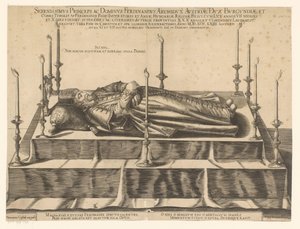 Doodsportret av Ferdinand II van Tirol Den mest rolige prins og lord Ferdinand erkehertug av Østerrike (...) (tittel på objekt) av Dominicus Custos (possibly)