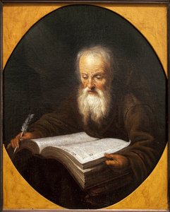 En munk som leser, en fjær i hånden. Maleri av Domenicus Van Tol (1635-1676), olje på lerret, av Gerrit Dou (1613-1675). flamsk kunst av Dominicus van Tol