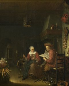 Interiør med en mann som leser og en kvinne som spinner garn av Dominicus van Tol