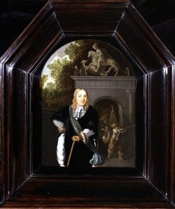 Portrett av kaptein Jacobus Van Der Burgh stående foran Doeler Poort, Leiden av Dominicus van Tol