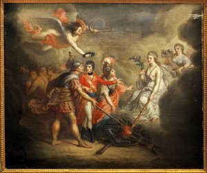 Freden i Amiens. Traite signerte 25. mars 1802 mellom Storbritannia og dets allierte Det osmanske riket på den ene siden og Frankrike, Spania og Holland på den andre. Maleriet viser Napoleon I Bonaparte, kronet av en engel som blåser i trompeten