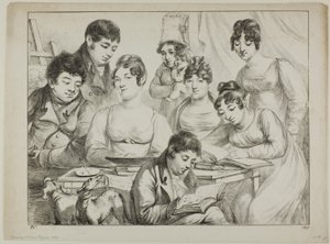 Samtale, en familietegning og lesing, sykepleieren som holder et spedbarn, et portrett av prins Edmond de Beauvau bak en stol, og portretter av Madame Lavallée og Madame Vallory, begge sittende av Dominique Vivant Denon