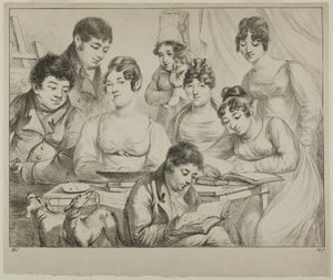Samtale, en familietegning og lesing, sykepleieren som holder et spedbarn, et portrett av prins Edmond de Beauvau bak en stol, og portretter av Madame Lavallée og Madame Vallory, begge sittende av Dominique Vivant Denon