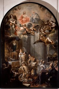Grunnmesse for Treenighetsordenen Den religiøse treenighetsordenen (eller den aller helligste treenighetsorden) ble grunnlagt av Johannes av Matha (1154-1213). Maleri av Juan Carreno de Miranda (1614-1683) Søn. 5x3,1 m