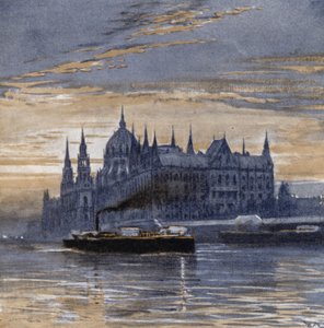 Buda-pest og dets parlamentshus (farge litho) av Donald (after) Maxwell