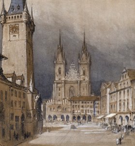 Praha og rådhuset (farge litho)