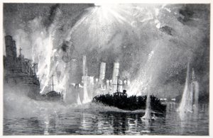 Motor lanserer redningsmannskaper fra Blockships ved Zeebrugge, illustrasjon fra 'The Naval Front' av Gordon S. Maxwell, 1920