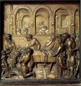 Banketten til Herode Antipas II (21 f.Kr.-39 e.Kr.). Detalj av det nedre relieffet av døpefonten realisert av Donato di Niccolo di Betto Bardi dit Donatello (1386-1466)