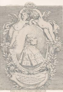Portrett av Giovanni Girolamo Sbaraglia, innenfor en oval flankert av to putti på overflødighetshorn..., 1716. av Donato Creti