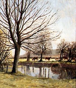 Storfe ved en dam (olje på lerret) av Dora Carrington