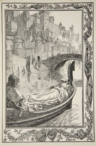 Lekteren fløt nedover elven, illustrasjon fra "Stories of King Arthur and the Round Table" av Beatrice Clay av Dora Curtis
