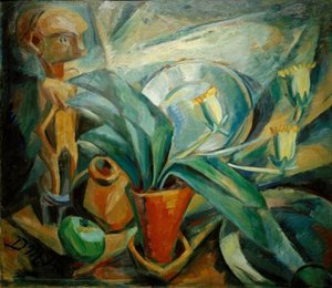 Stilleben med calla og figur