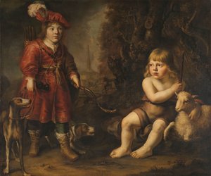 Portretter av to gutter i et landskap, den ene kledd som en jeger, den andre St som døperen Johannes av Douwe Juwes de Dowe