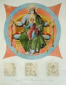 Bilder av Gud den allmektige og av treenigheten fra Himmelfartskatedralen, Moskva, plate 14 fra "Russernes karakter og en detaljert historie om Moskva", utgitt 1823 (fargeakvatint) av Dr. Robert Lyall
