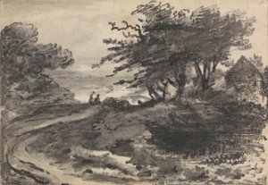 Landskap med trær og to figurer