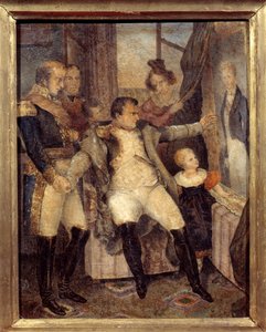 Portrett av Napoleon I (1769-1821) foran portrettet av sønnen, kongen av Roma Napoleon II (1811-1832) tilbudt av hans ledsagere i eksil på øya Saint Helene Peinture de Dubreuil (1799-1850) av Dubreuil