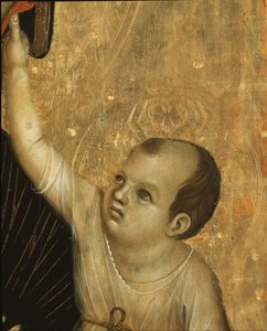 Crevole Madonna: Detail of the Child - tempera og gull på panel av Duccio di Buoninsegna