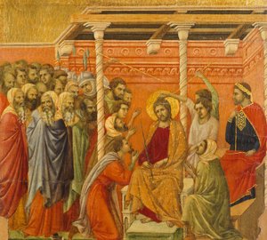 Kroning med torner, detalj av flis fra episoder fra Kristi lidenskap og oppstandelse, baksiden av Maesta' av Duccio altertavle i katedralen i Siena av Duccio di Buoninsegna