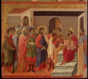 Jesus foran Herodes. Maesta altertavle (tempera og gull på tre av Duccio di Buoninsegna