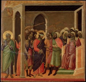 Jesus foraktet. Maesta altertavle (tempera og gull på tre av Duccio di Buoninsegna