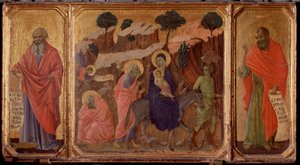 Life of the Christ: Fly til Egypt med profetene Jeremia og Hosea. Predella of the Maesta (tempera på tre av Duccio di Buoninsegna