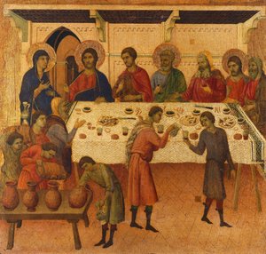 The Wedding at Cana, detalj av flis fra episoder fra Kristi lidenskap og oppstandelse, baksiden av Maesta