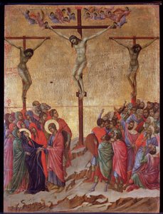 Korsfestelsen. På sidene, den gode tyven (Dismas) og den ubotferdige tyven (Gestas). Maesta altertavle (tempera og gull på tre av Duccio di Buoninsegna