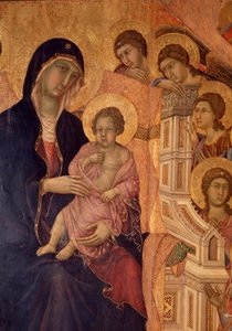 Jomfru og barn på tronen (La Maesta altertavle) (tempera og gull på tre) av Duccio di Buoninsegna