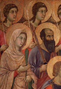 Jomfru og barn på tronen, detalj med helgen Katarina av Alexandria og helgen Paul. (La Maesta) (tempera og gull på tre av Duccio di Buoninsegna